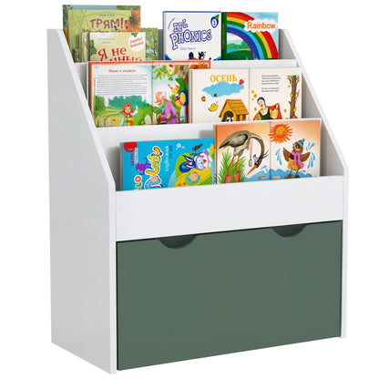 Children's Bookshelf Toy and Book Storage Multi-level with 3 Shelves and Drawer, 62.5L x 30W x 70H cm, Green