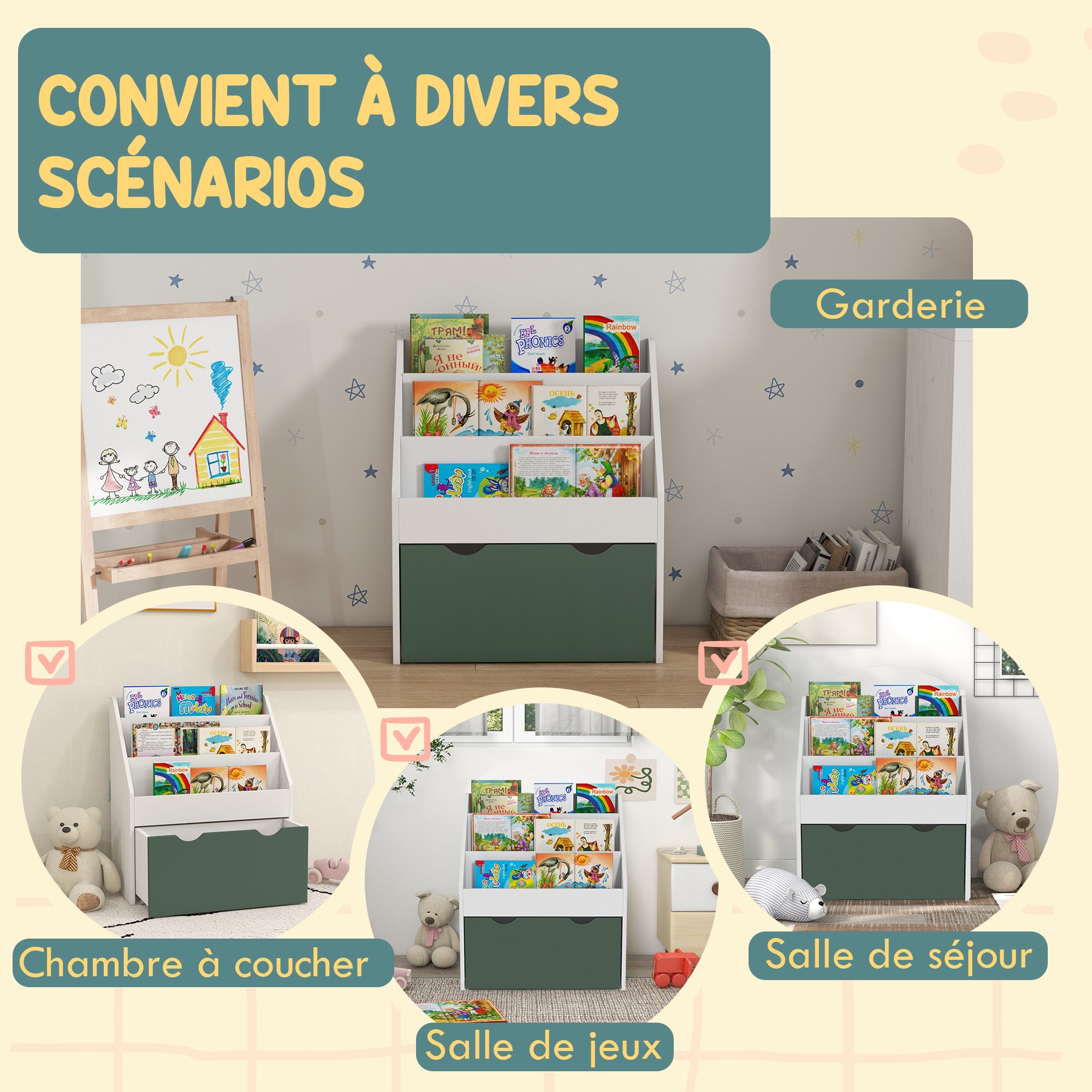Children's Bookshelf Toy and Book Storage Multi-level with 3 Shelves and Drawer, 62.5L x 30W x 70H cm, Green