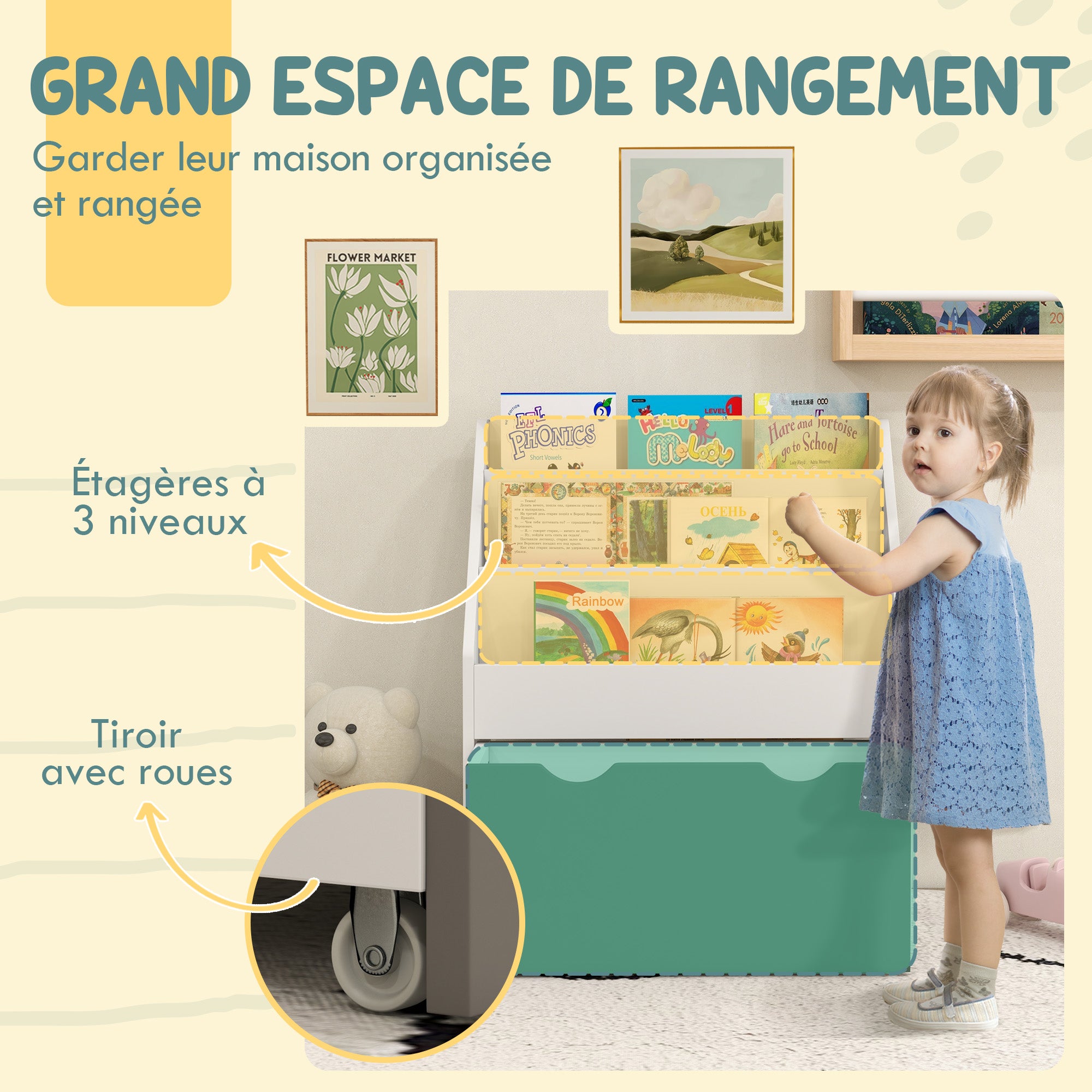Children's Bookshelf Toy and Book Storage Multi-level with 3 Shelves and Drawer, 62.5L x 30W x 70H cm, Green