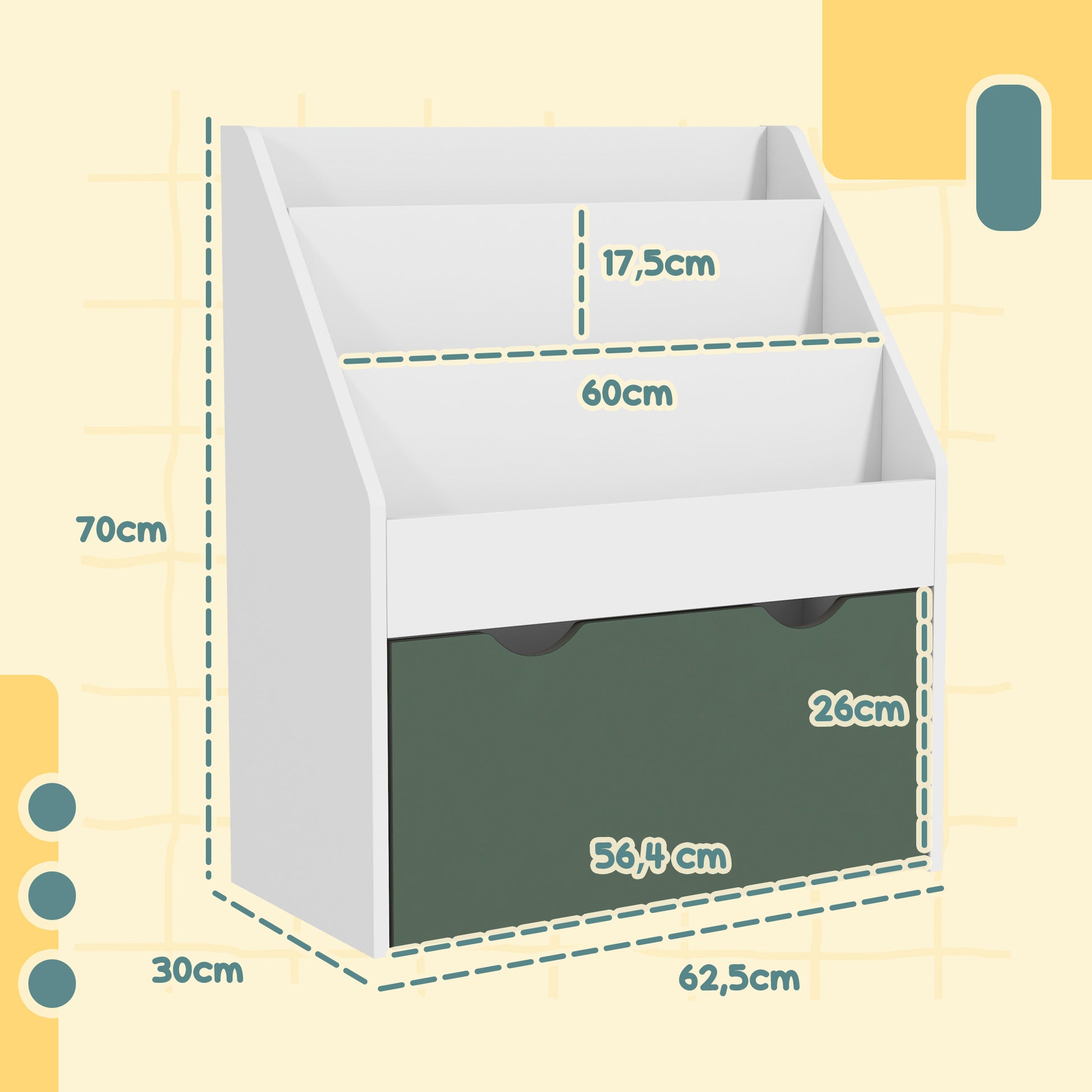 Children's Bookshelf Toy and Book Storage Multi-level with 3 Shelves and Drawer, 62.5L x 30W x 70H cm, Green