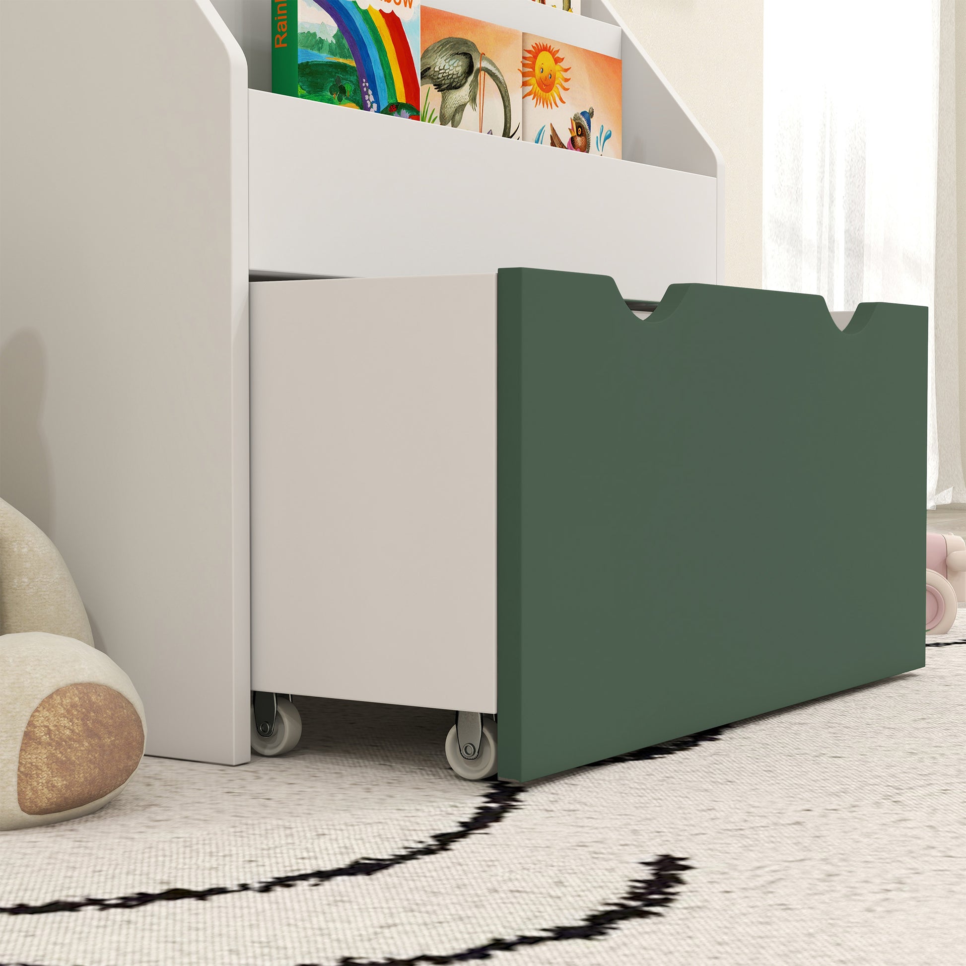 Children's Bookshelf Toy and Book Storage Multi-level with 3 Shelves and Drawer, 62.5L x 30W x 70H cm, Green