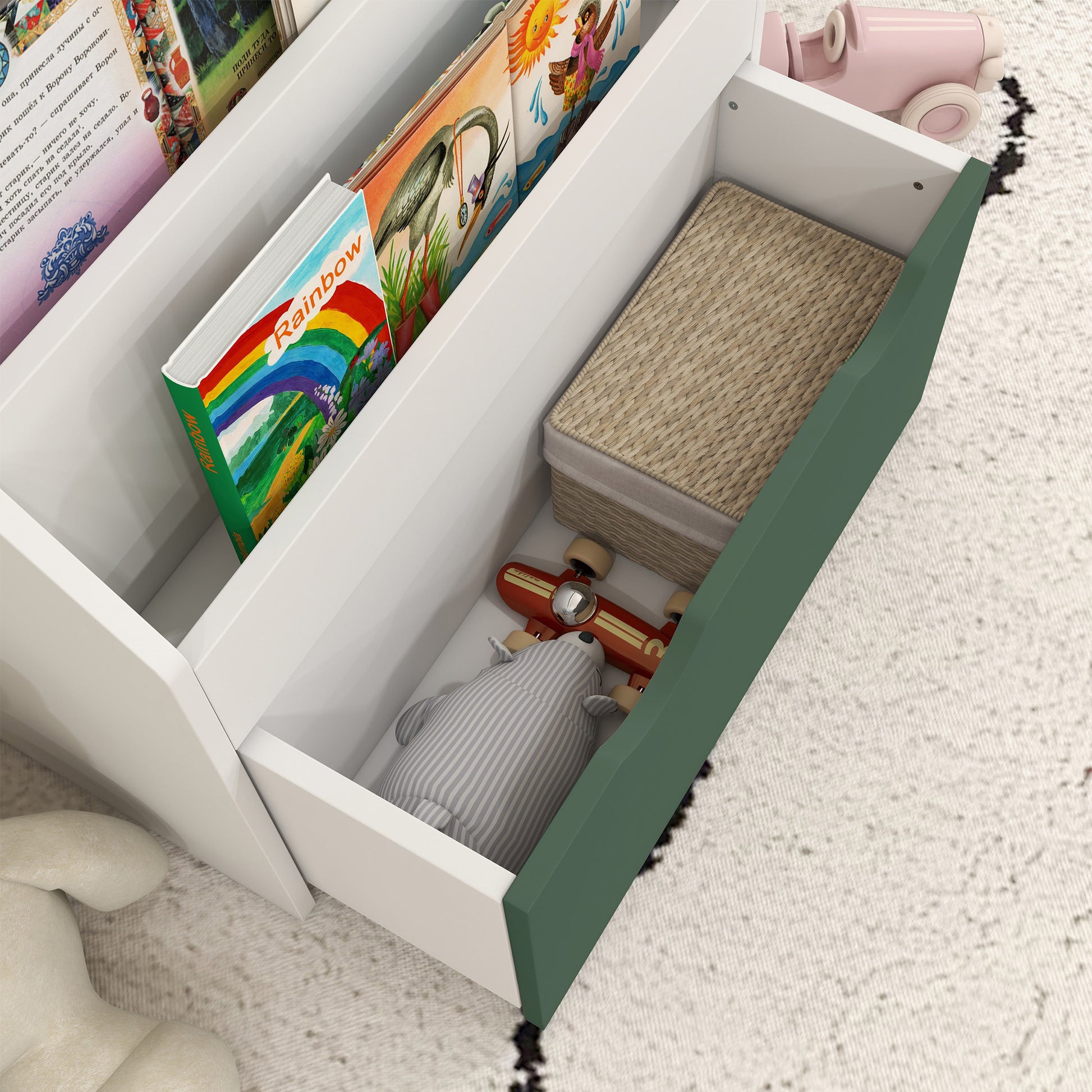 Children's Bookshelf Toy and Book Storage Multi-level with 3 Shelves and Drawer, 62.5L x 30W x 70H cm, Green
