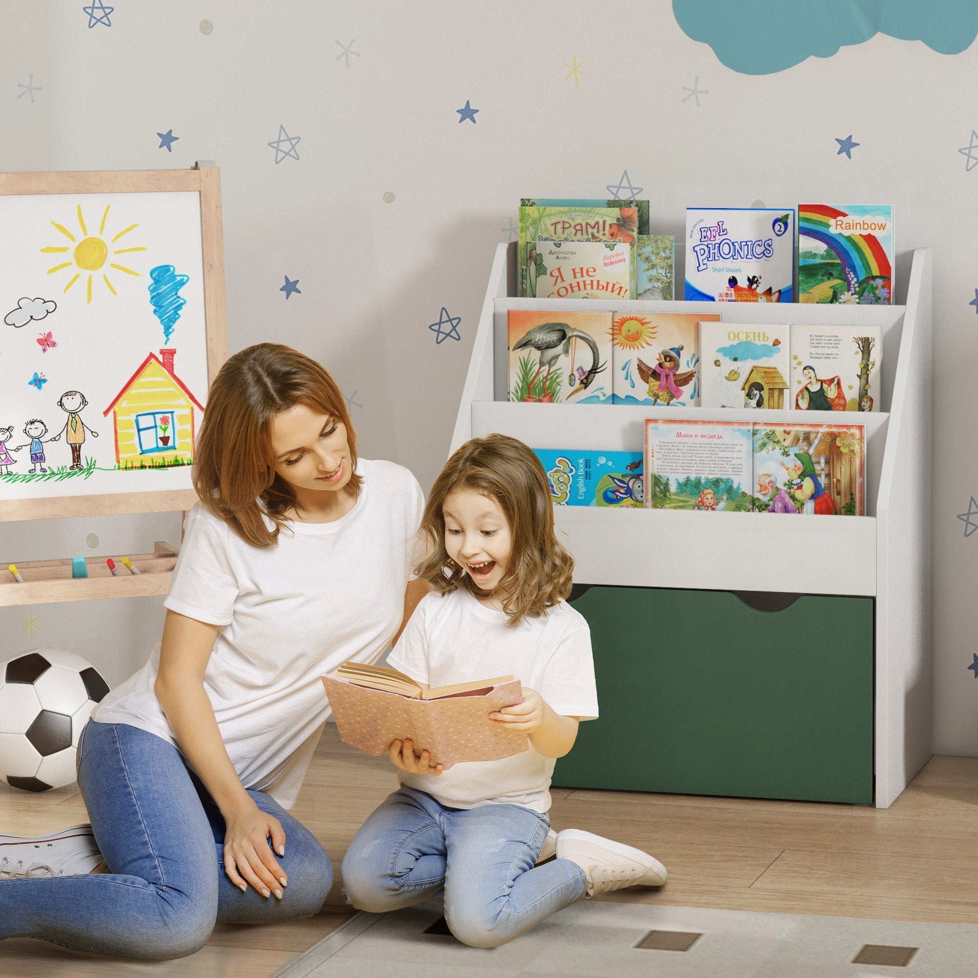 Children's Bookshelf Toy and Book Storage Multi-level with 3 Shelves and Drawer, 62.5L x 30W x 70H cm, Green