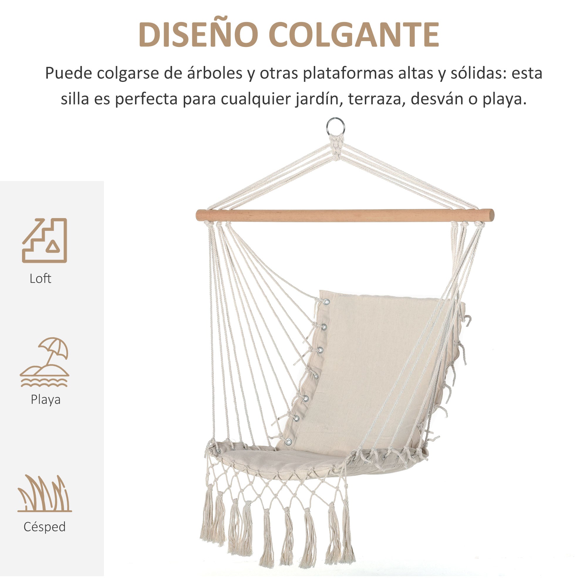 Hanging Chair with Tassels Cotton Swing Chair 120 kg Load Modern Style for Indoor and Outdoor White