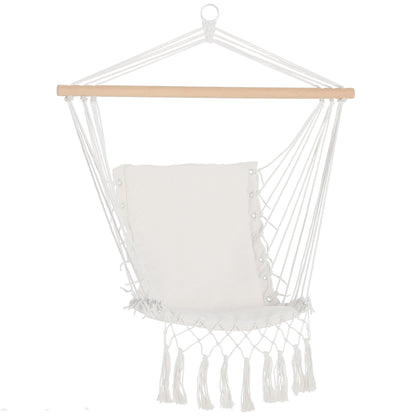 Hanging Chair with Tassels Cotton Swing Chair 120 kg Load Modern Style for Indoor and Outdoor White