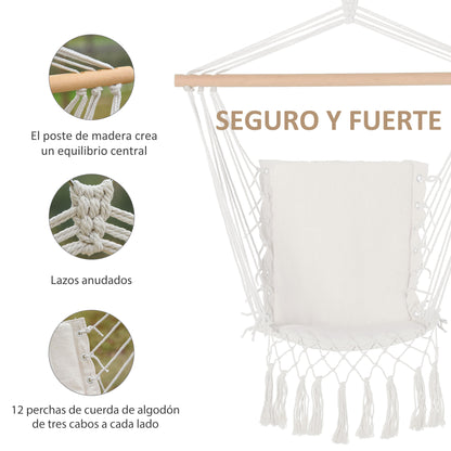 Hanging Chair with Tassels Cotton Swing Chair 120 kg Load Modern Style for Indoor and Outdoor White