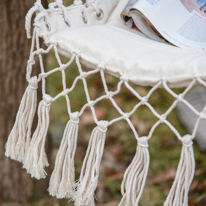 Hanging Chair with Tassels Cotton Swing Chair 120 kg Load Modern Style for Indoor and Outdoor White