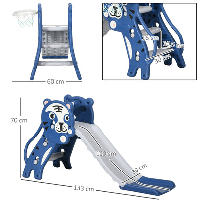 3-in-1 Kids Slide for Children 18 to 36 Months with 2 Ladders, 1 Basketball Hoop, and Animal Pattern for Indoor Use 133x60x70 cm Blue and Grey