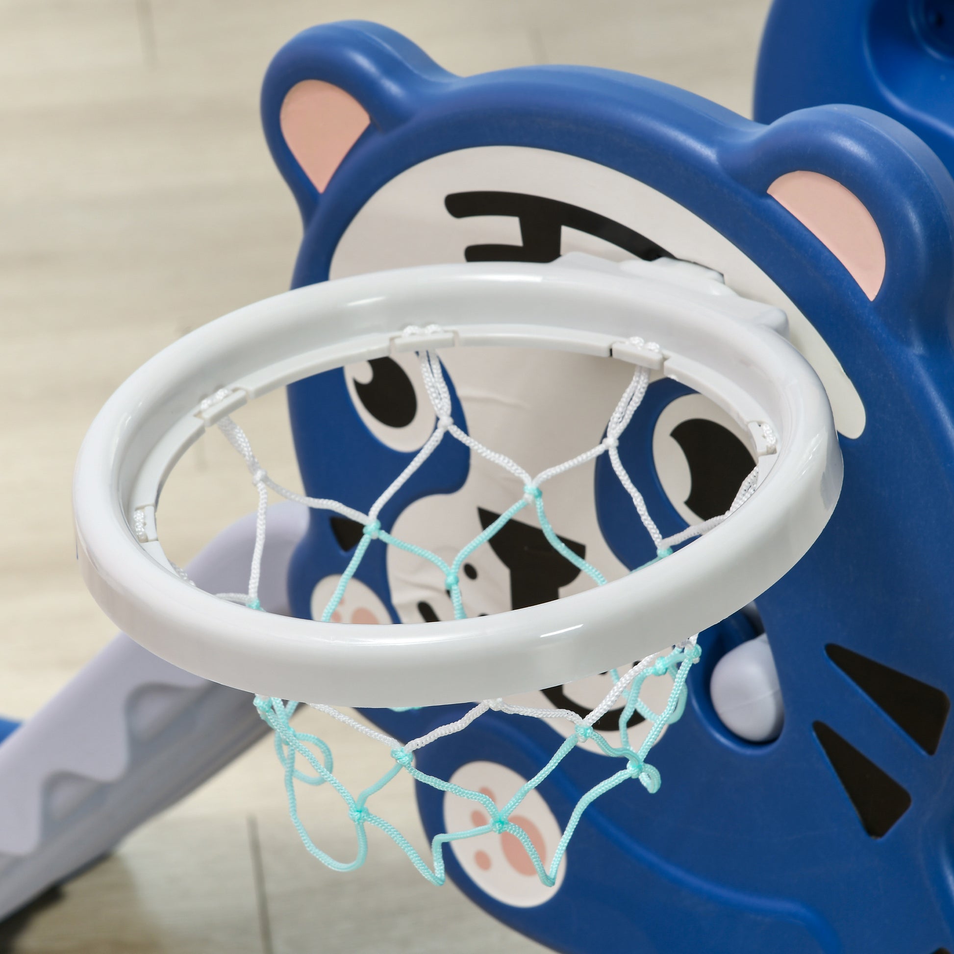3-in-1 Kids Slide for Children 18 to 36 Months with 2 Ladders, 1 Basketball Hoop, and Animal Pattern for Indoor Use 133x60x70 cm Blue and Grey