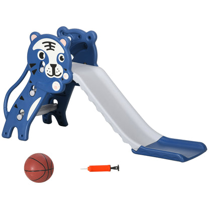 3-in-1 Kids Slide for Children 18 to 36 Months with 2 Ladders, 1 Basketball Hoop, and Animal Pattern for Indoor Use 133x60x70 cm Blue and Grey