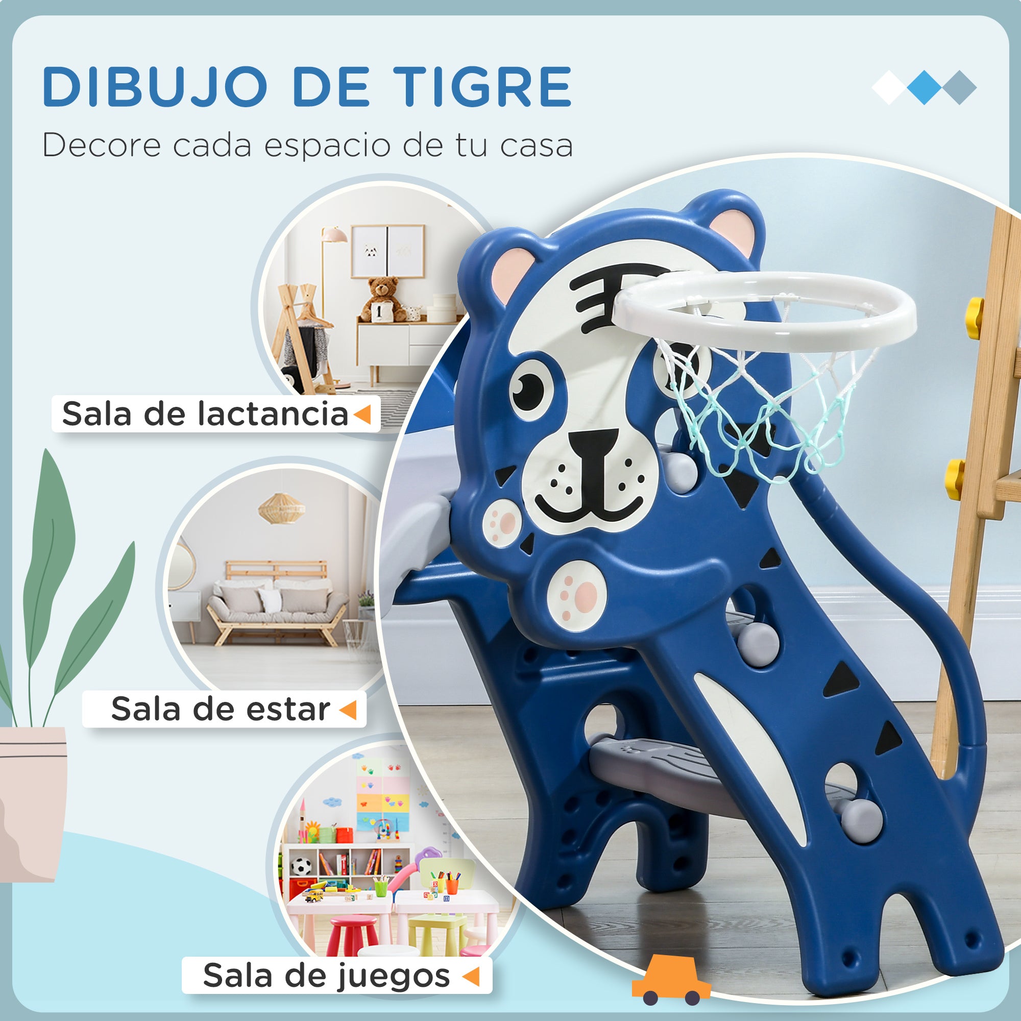 3-in-1 Kids Slide for Children 18 to 36 Months with 2 Ladders, 1 Basketball Hoop, and Animal Pattern for Indoor Use 133x60x70 cm Blue and Grey