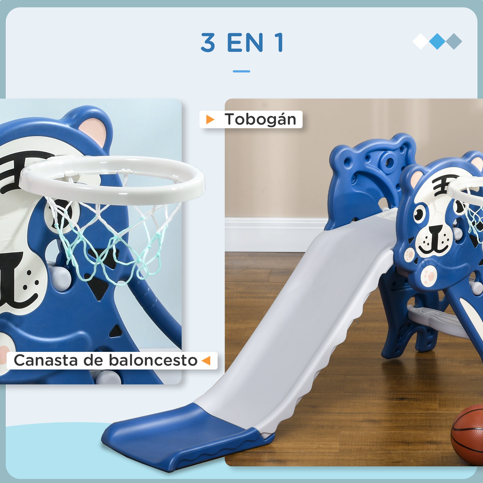 3-in-1 Kids Slide for Children 18 to 36 Months with 2 Ladders, 1 Basketball Hoop, and Animal Pattern for Indoor Use 133x60x70 cm Blue and Grey