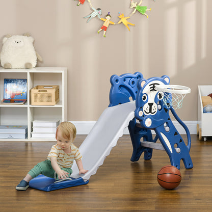 3-in-1 Kids Slide for Children 18 to 36 Months with 2 Ladders, 1 Basketball Hoop, and Animal Pattern for Indoor Use 133x60x70 cm Blue and Grey