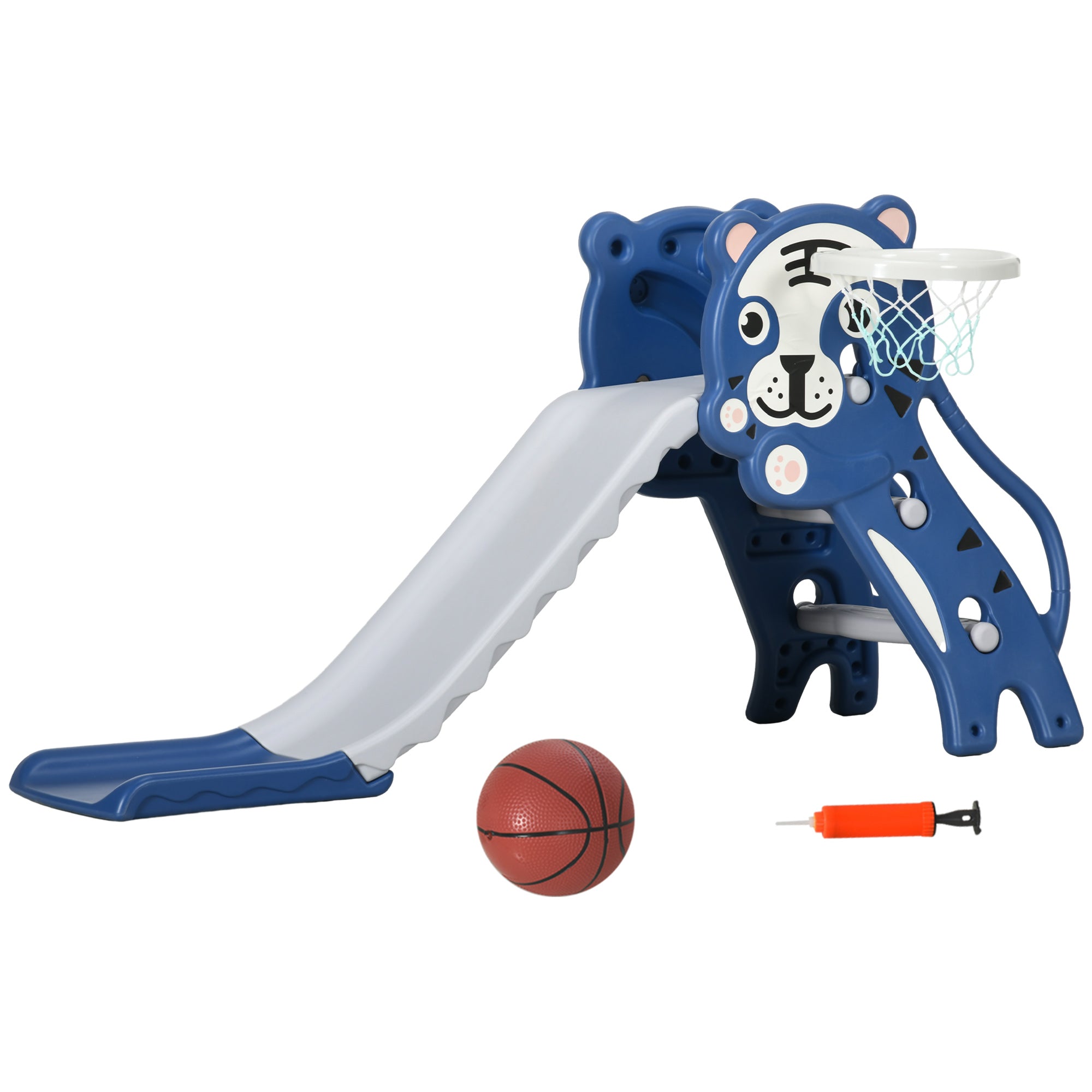 3-in-1 Kids Slide for Children 18 to 36 Months with 2 Ladders, 1 Basketball Hoop, and Animal Pattern for Indoor Use 133x60x70 cm Blue and Grey