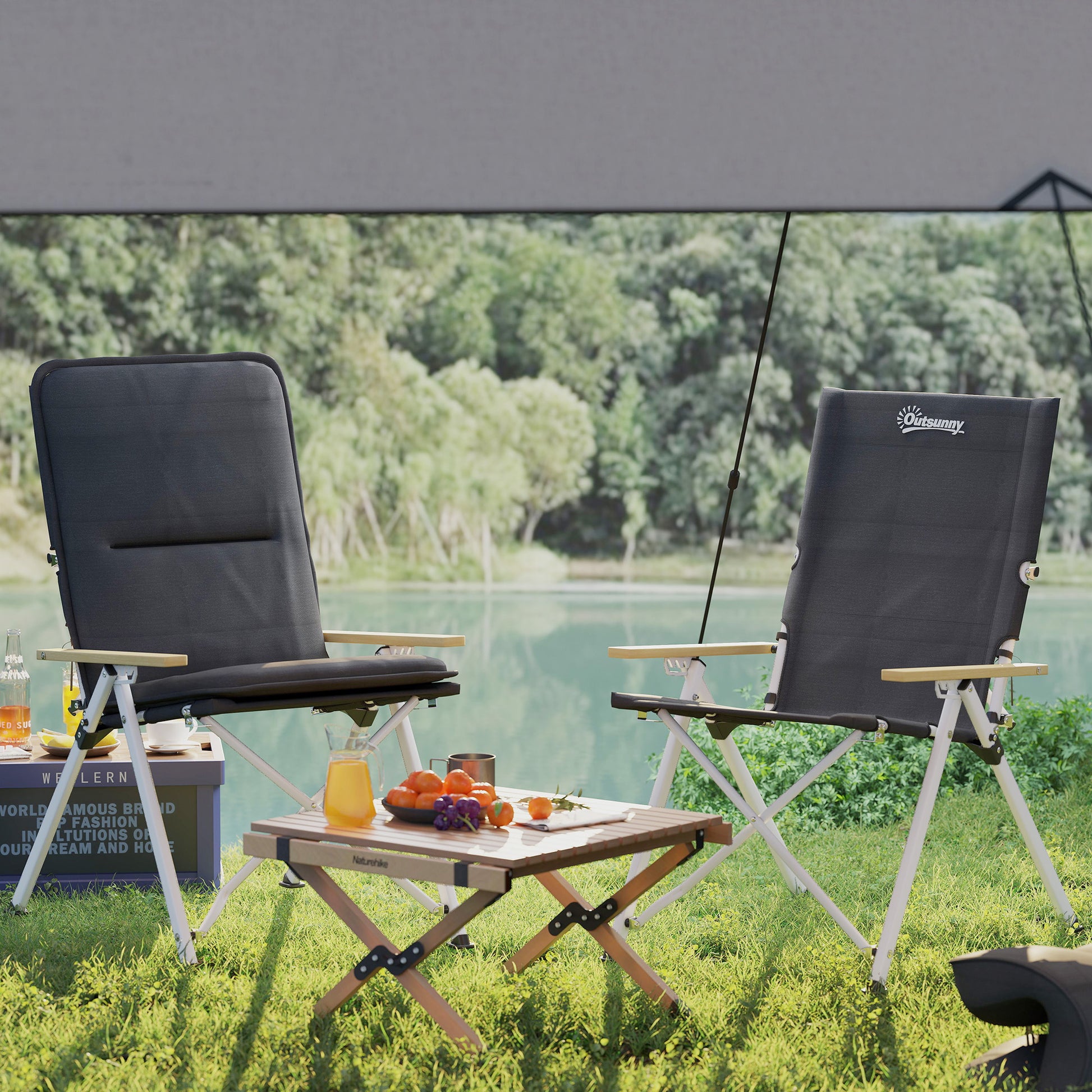 2 Folding Aluminum Camping Chairs Portable Garden Chairs with Adjustable High Backrest Wooden Armrests and Carry Bag for Outdoor 59x67x96 cm Black
