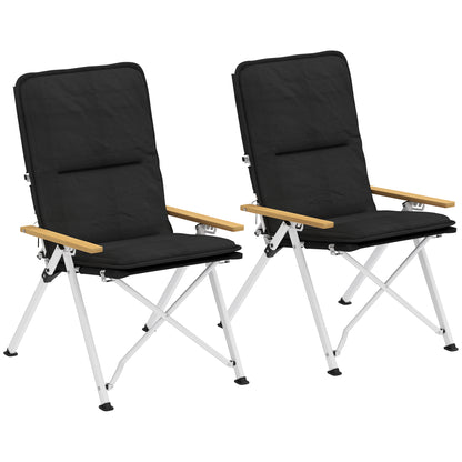 2 Folding Aluminum Camping Chairs Portable Garden Chairs with Adjustable High Backrest Wooden Armrests and Carry Bag for Outdoor 59x67x96 cm Black