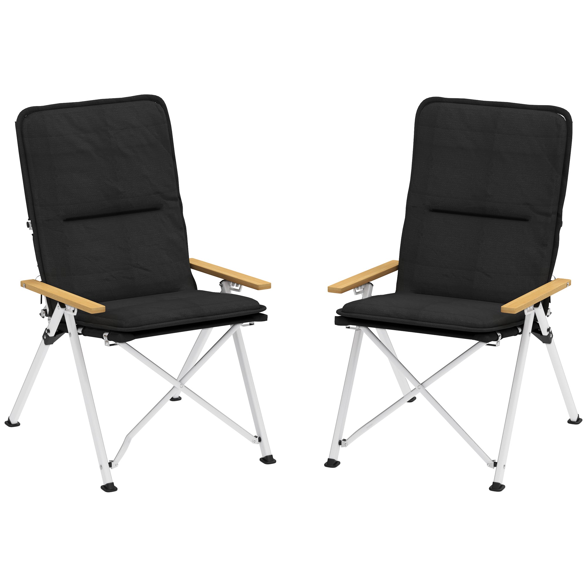 2 Folding Aluminum Camping Chairs Portable Garden Chairs with Adjustable High Backrest Wooden Armrests and Carry Bag for Outdoor 59x67x96 cm Black