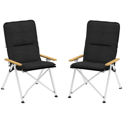 2 Folding Aluminum Camping Chairs Portable Garden Chairs with Adjustable High Backrest Wooden Armrests and Carry Bag for Outdoor 59x67x96 cm Black