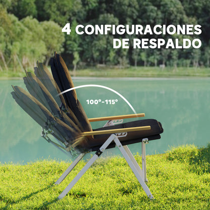 2 Folding Aluminum Camping Chairs Portable Garden Chairs with Adjustable High Backrest Wooden Armrests and Carry Bag for Outdoor 59x67x96 cm Black