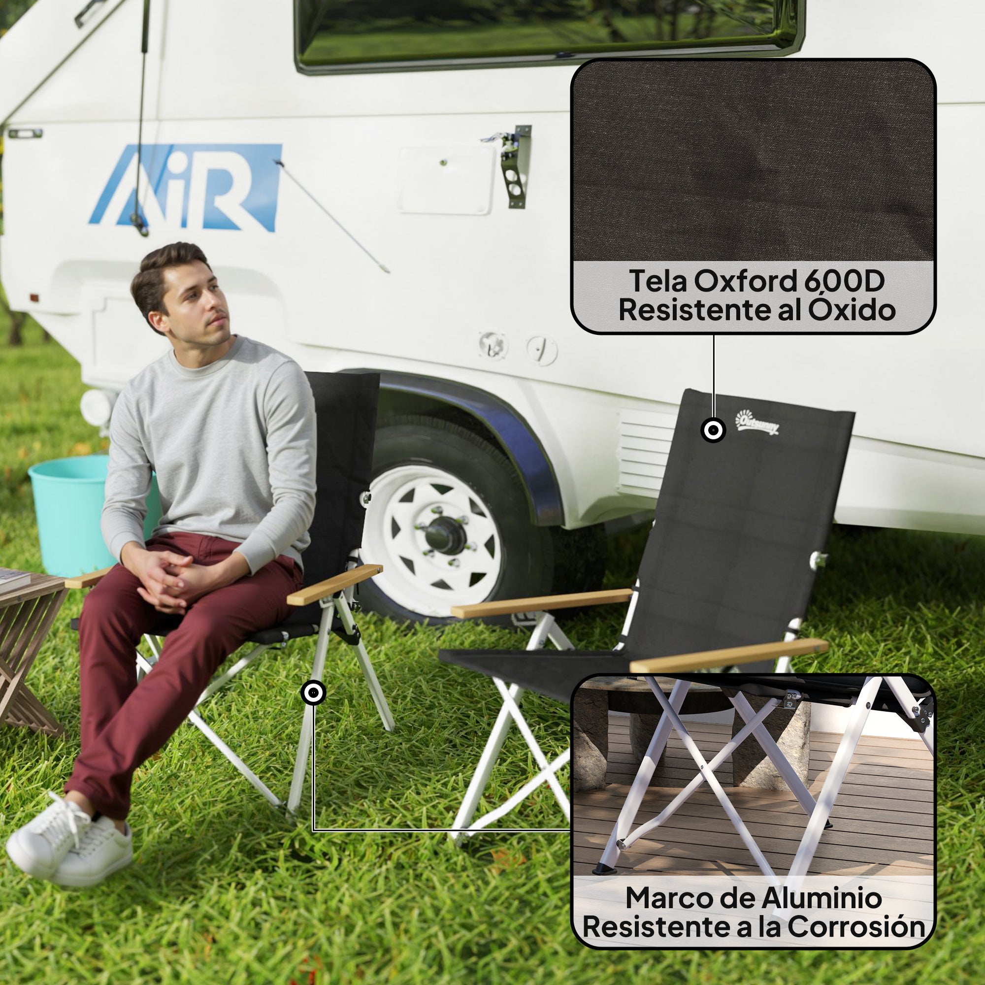 2 Folding Aluminum Camping Chairs Portable Garden Chairs with Adjustable High Backrest Wooden Armrests and Carry Bag for Outdoor 59x67x96 cm Black