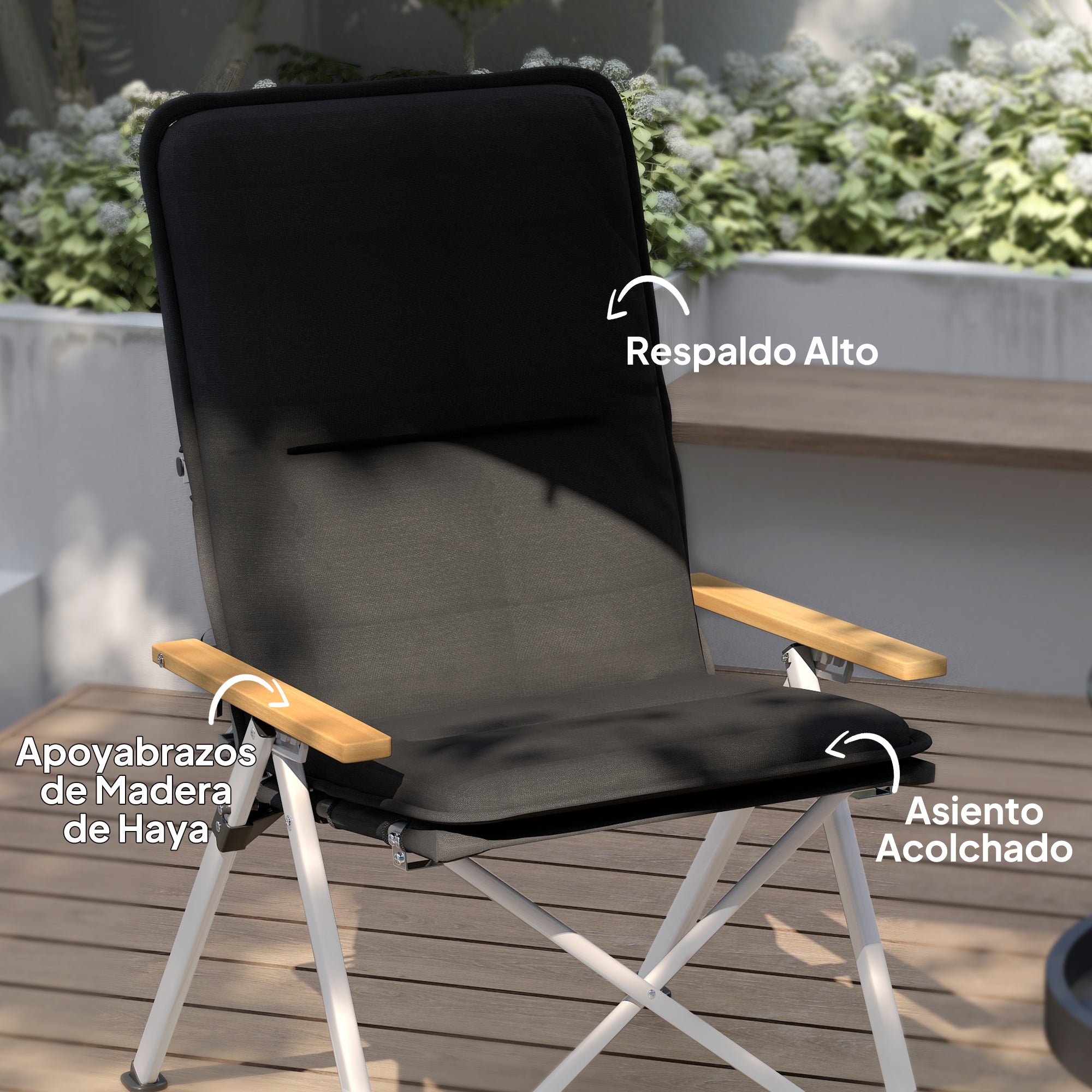 2 Folding Aluminum Camping Chairs Portable Garden Chairs with Adjustable High Backrest Wooden Armrests and Carry Bag for Outdoor 59x67x96 cm Black