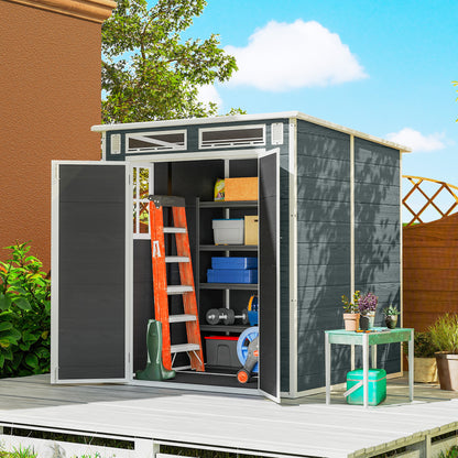 6 x 6 ft Wood-Effect Plastic Garden Shed with Floor, Three Windows, Lockable Doors & Vents, Gray
