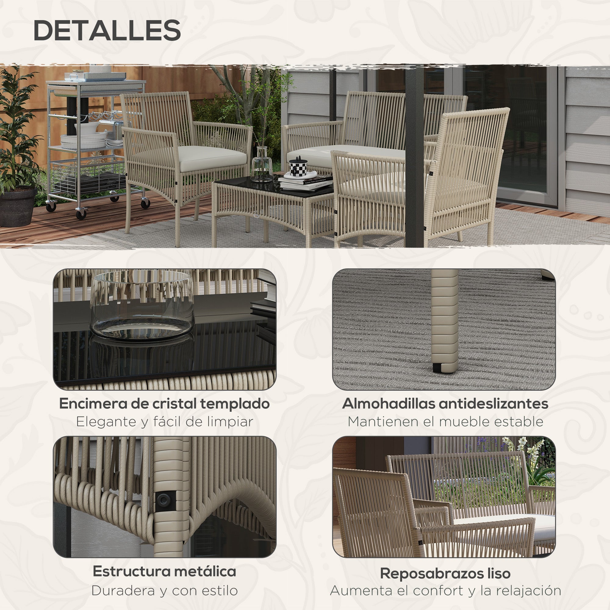 Rattan Garden Furniture Set 4-Piece Patio Furniture Set with 1 Double Sofa, 2 Armchairs Cushions and 1 Glass-Topped Coffee Table for Outdoor Khaki