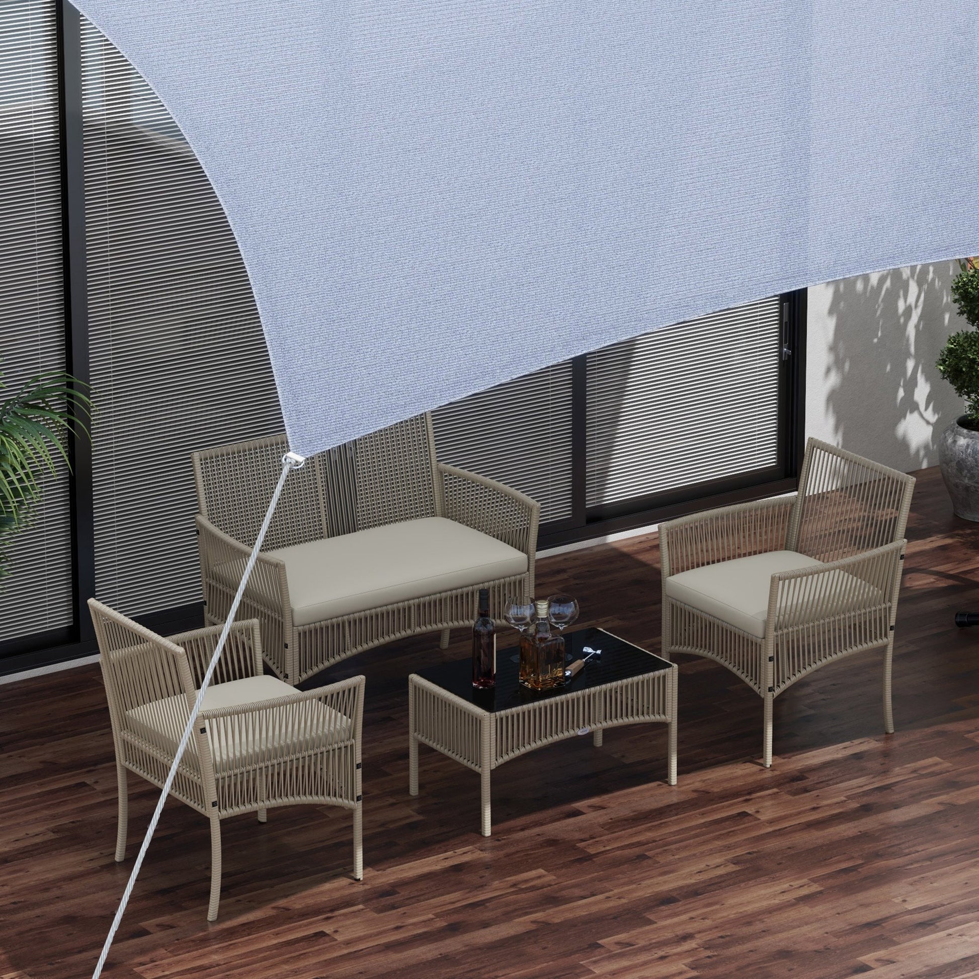 Rattan Garden Furniture Set 4-Piece Patio Furniture Set with 1 Double Sofa, 2 Armchairs Cushions and 1 Glass-Topped Coffee Table for Outdoor Khaki