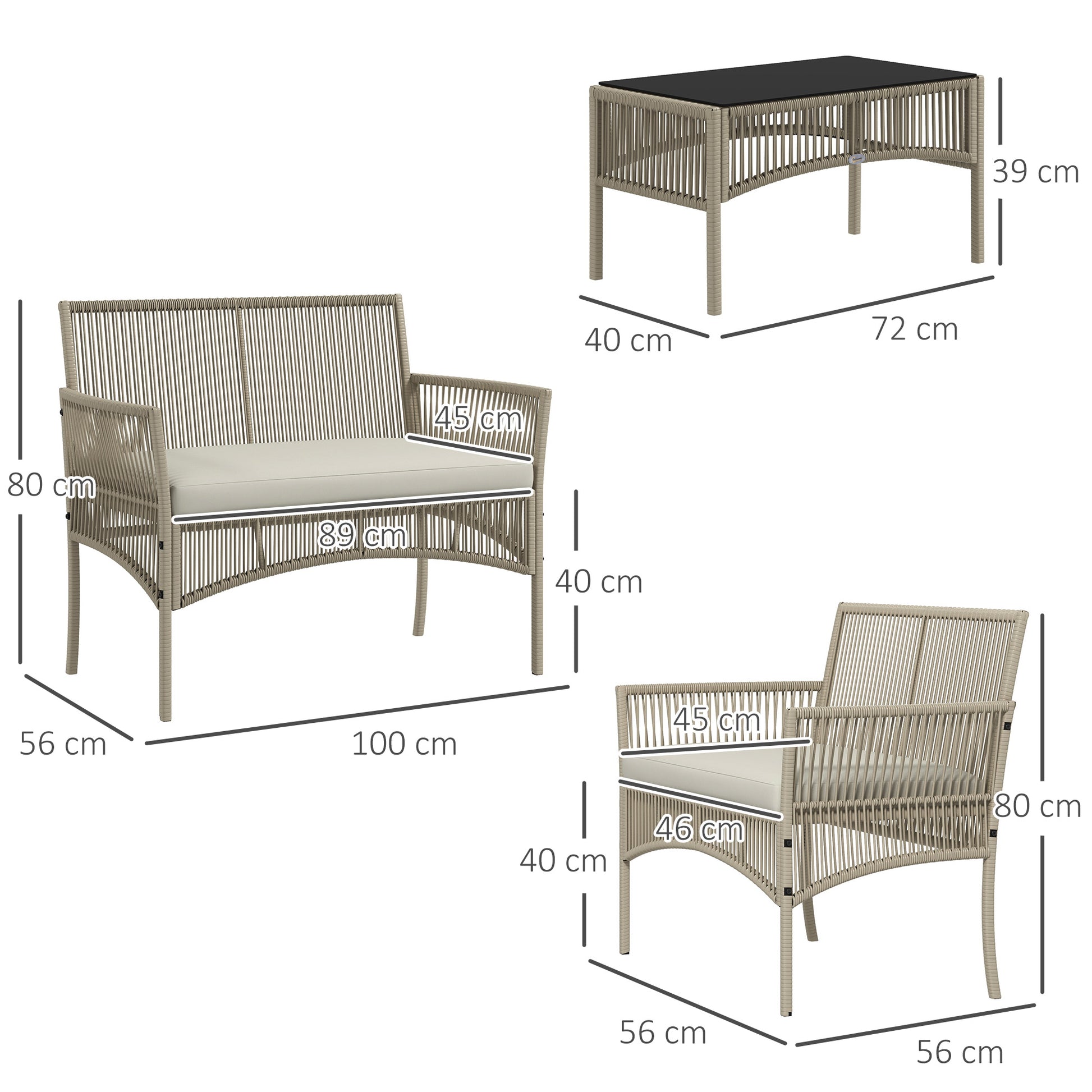 Rattan Garden Furniture Set 4-Piece Patio Furniture Set with 1 Double Sofa, 2 Armchairs Cushions and 1 Glass-Topped Coffee Table for Outdoor Khaki