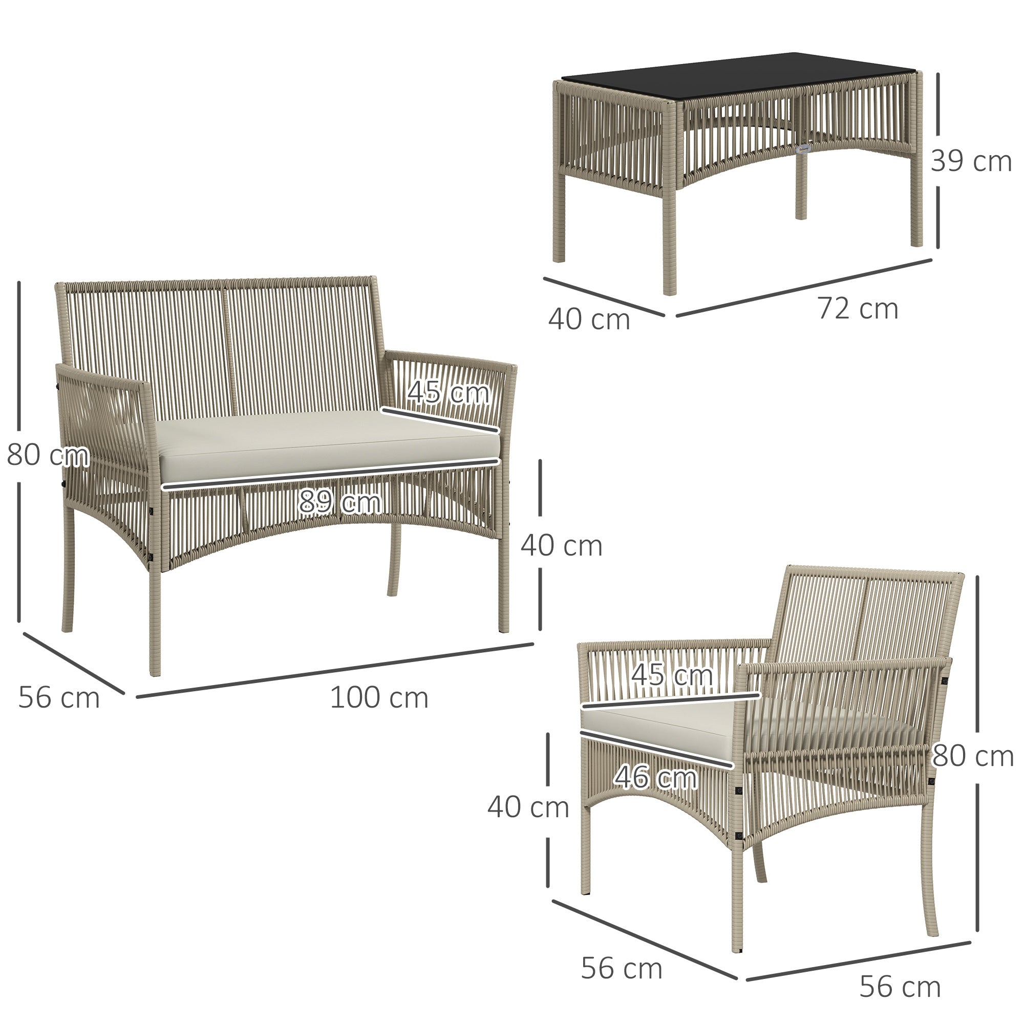 Rattan Garden Furniture Set 4-Piece Patio Furniture Set with 1 Double Sofa, 2 Armchairs Cushions and 1 Glass-Topped Coffee Table for Outdoor Khaki