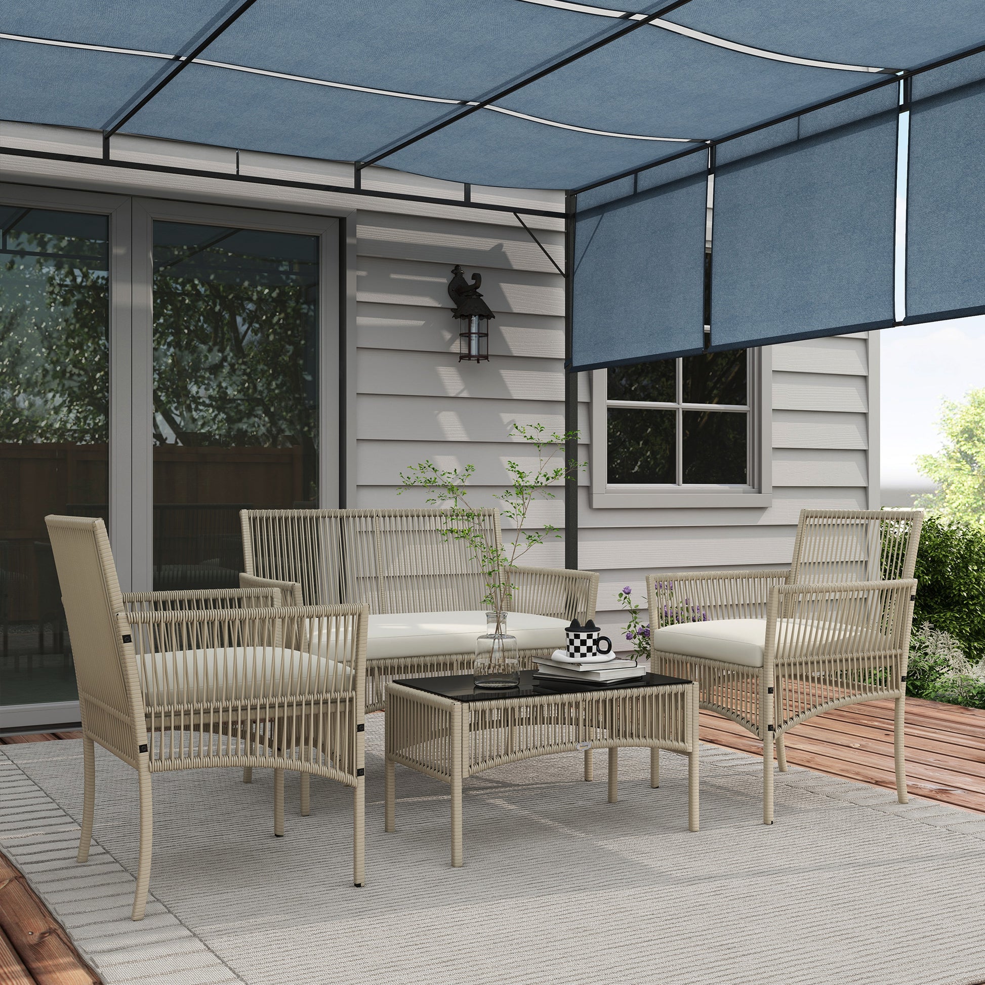 Rattan Garden Furniture Set 4-Piece Patio Furniture Set with 1 Double Sofa, 2 Armchairs Cushions and 1 Glass-Topped Coffee Table for Outdoor Khaki