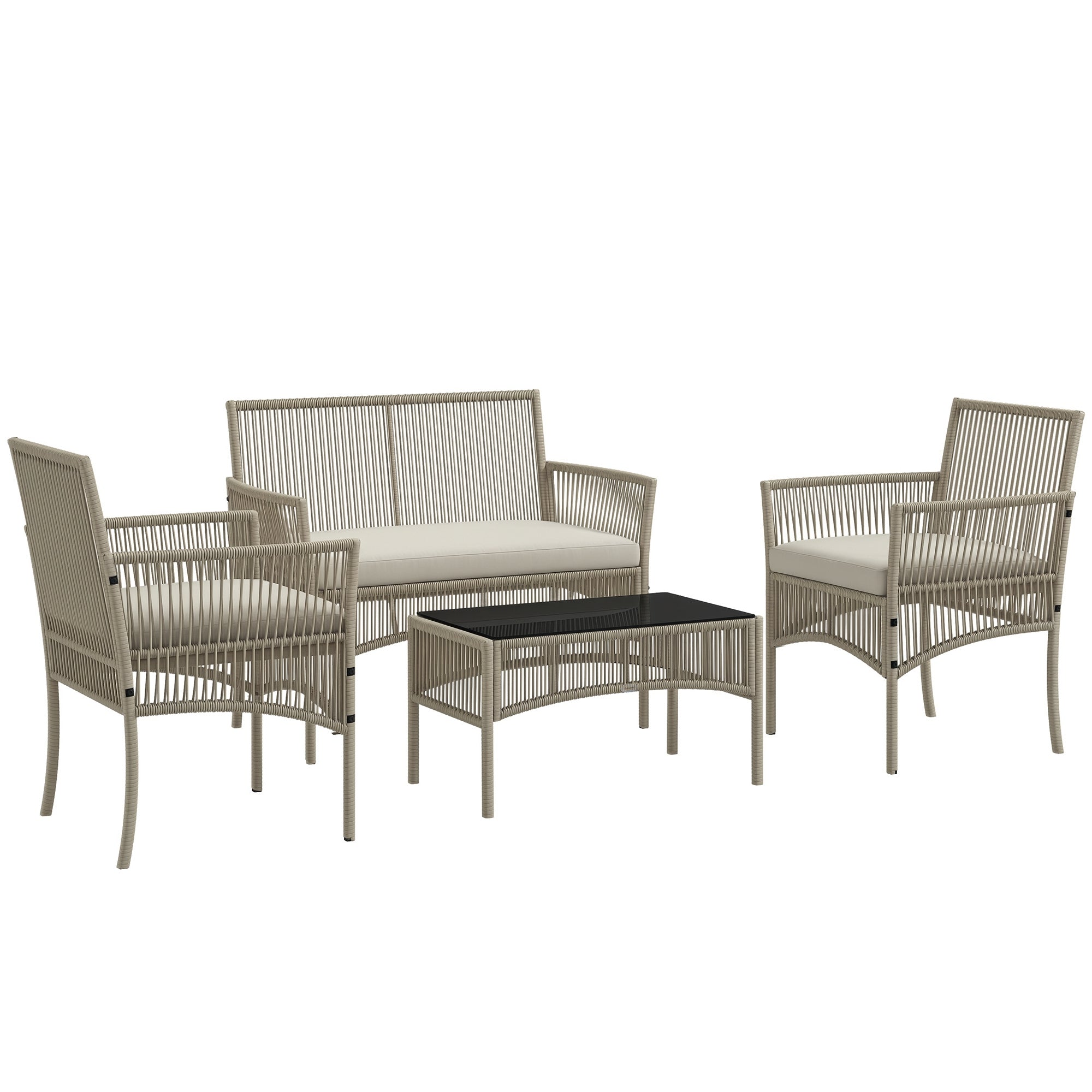 Rattan Garden Furniture Set 4-Piece Patio Furniture Set with 1 Double Sofa, 2 Armchairs Cushions and 1 Glass-Topped Coffee Table for Outdoor Khaki