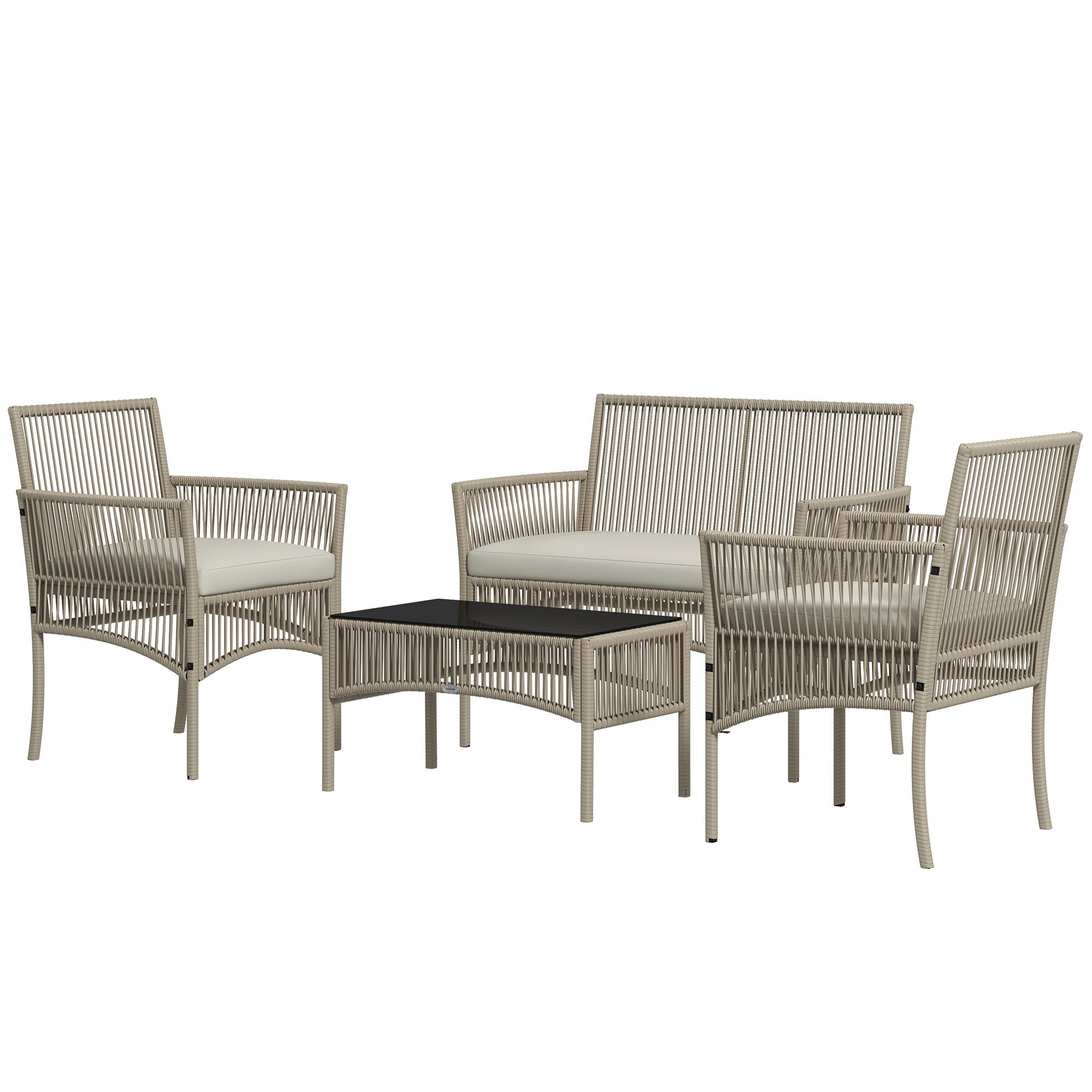 Rattan Garden Furniture Set 4-Piece Patio Furniture Set with 1 Double Sofa, 2 Armchairs Cushions and 1 Glass-Topped Coffee Table for Outdoor Khaki
