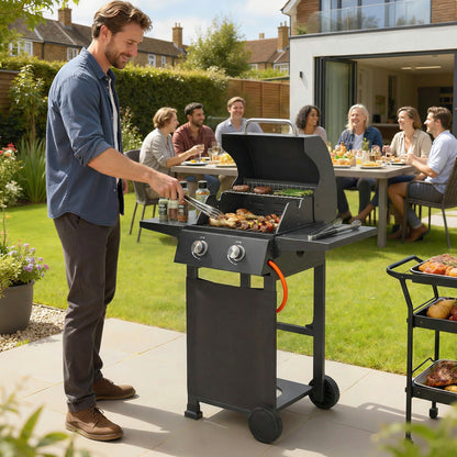 5.4 kW 2-Burner Propane Gas Grill Cart — Steel BBQ with Folding Side Shelves, Lid Thermometer, Chrome Cooking Grates, Warming Rack, Wheels & Storage Cabinet — Black