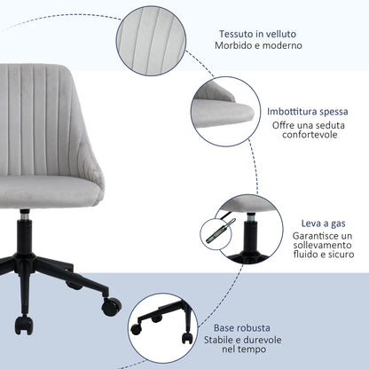 Grey Velvet Office Chair with Adjustable Height, 360° Swivel Ergonomic Chair with Wheels, 50x58x77-87cm