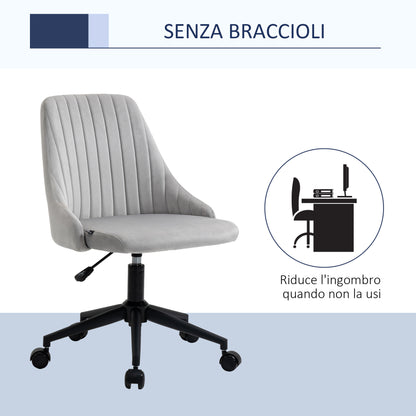 Grey Velvet Office Chair with Adjustable Height, 360° Swivel Ergonomic Chair with Wheels, 50x58x77-87cm
