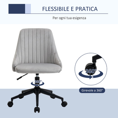 Grey Velvet Office Chair with Adjustable Height, 360° Swivel Ergonomic Chair with Wheels, 50x58x77-87cm