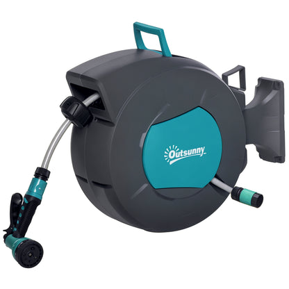 Automatic Swivel Hose Reel 180° Pivot Wall Mount 15 + 1.4m Hose with Spray Lance Integrated Wall Support Turquoise Gray