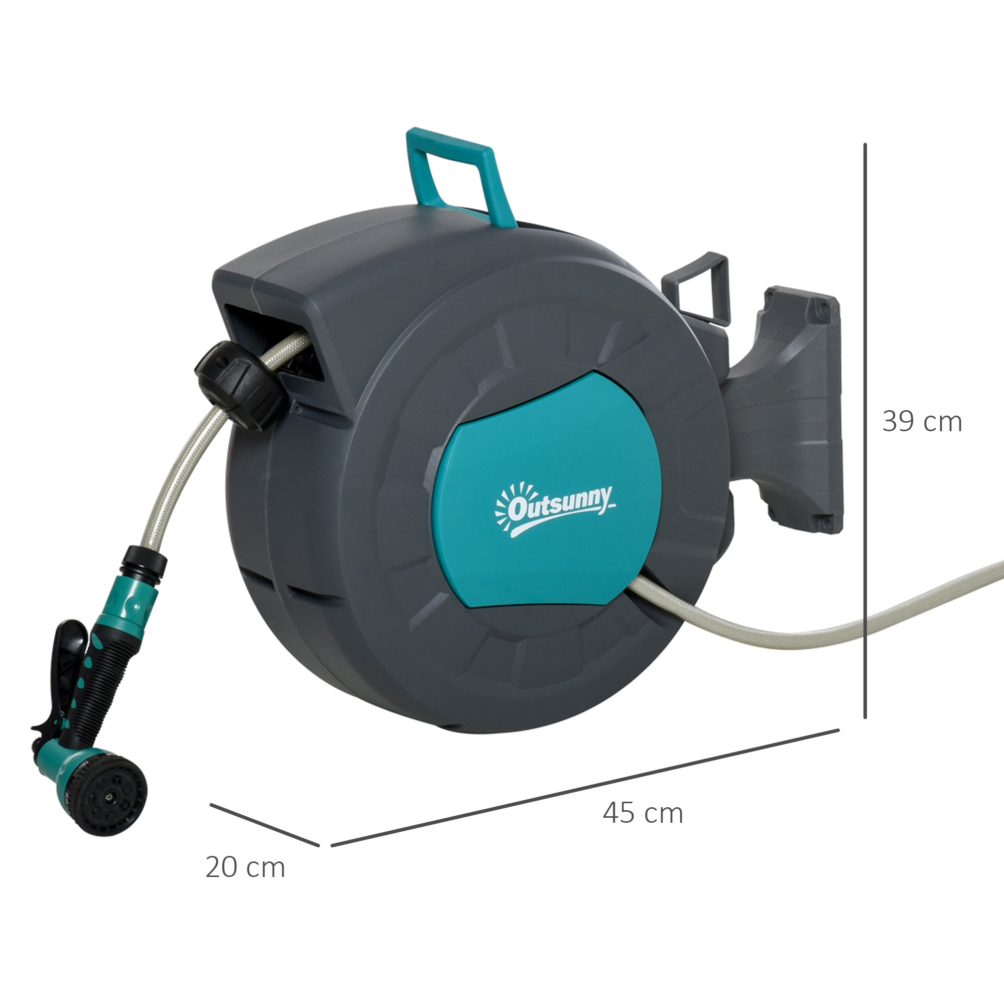 Automatic Swivel Hose Reel 180° Pivot Wall Mount 15 + 1.4m Hose with Spray Lance Integrated Wall Support Turquoise Gray