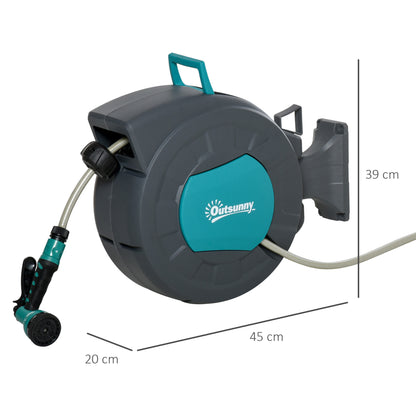 Automatic Swivel Hose Reel 180° Pivot Wall Mount 15 + 1.4m Hose with Spray Lance Integrated Wall Support Turquoise Gray