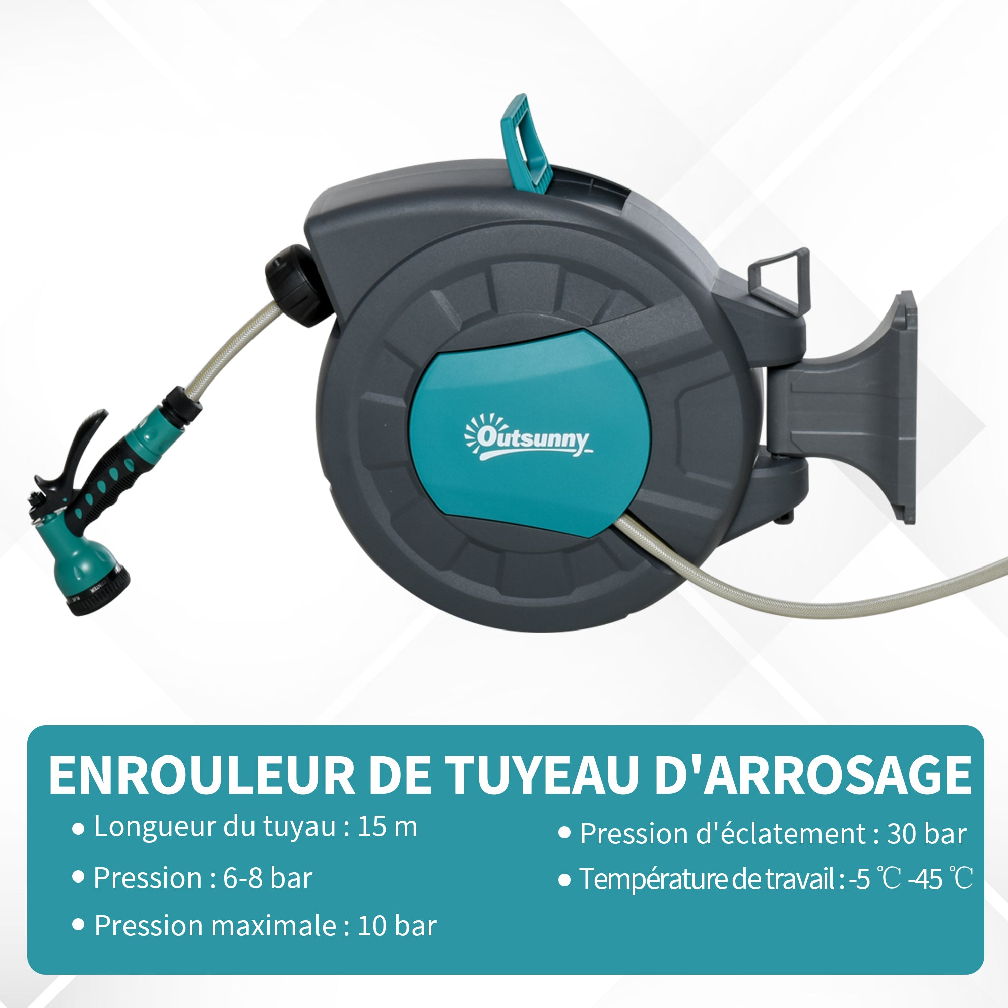 Automatic Swivel Hose Reel 180° Pivot Wall Mount 15 + 1.4m Hose with Spray Lance Integrated Wall Support Turquoise Gray