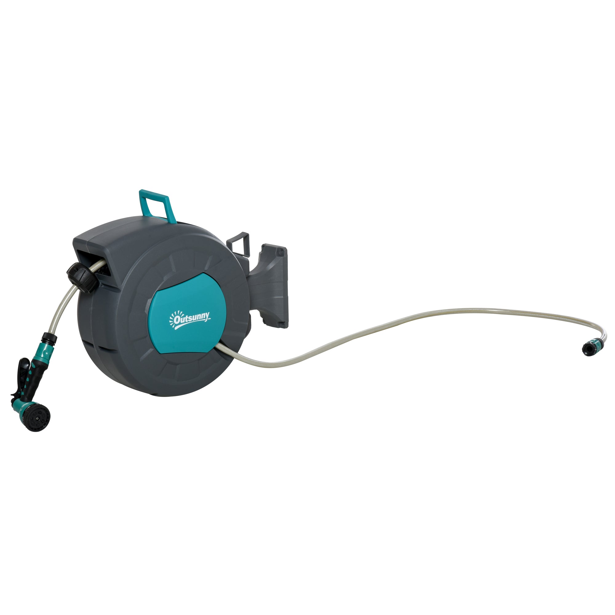 Automatic Swivel Hose Reel 180° Pivot Wall Mount 15 + 1.4m Hose with Spray Lance Integrated Wall Support Turquoise Gray