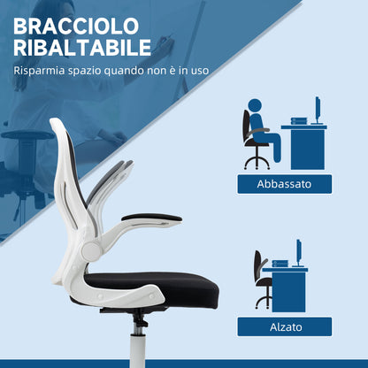 Ergonomic Office Chair in Breathable Fabric with Adjustable Height and Flip-up Armrests, 59x65x110-130 cm, White and Black