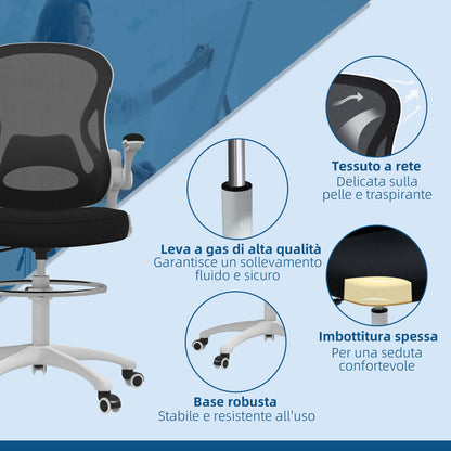 Ergonomic Office Chair in Breathable Fabric with Adjustable Height and Flip-up Armrests, 59x65x110-130 cm, White and Black