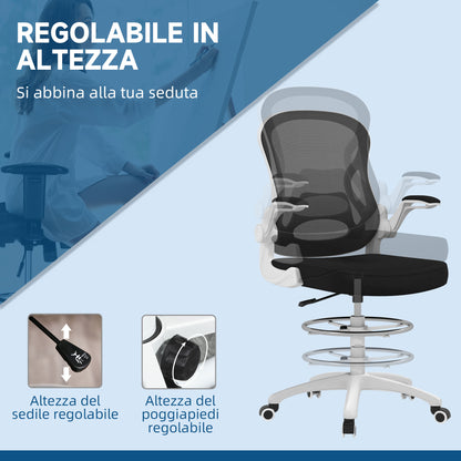 Ergonomic Office Chair in Breathable Fabric with Adjustable Height and Flip-up Armrests, 59x65x110-130 cm, White and Black