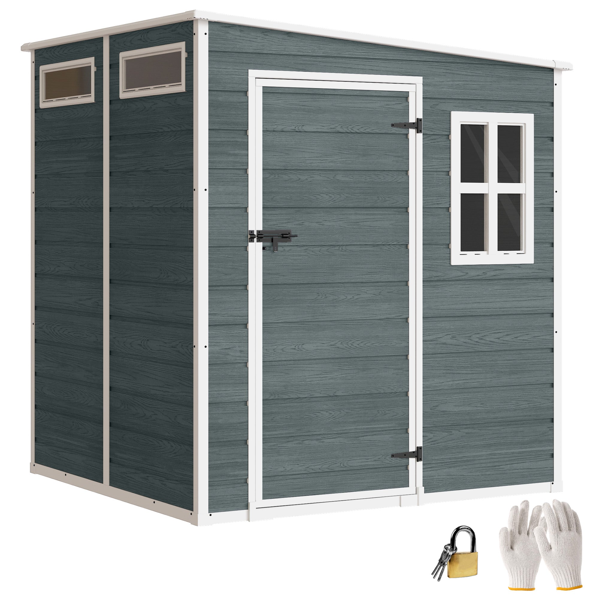 6 ft x 6 ft Weathered Gray Garden Shed with Floor, Wood-Effect Panels, Lockable Door & Windows for Patio, Lawn or Garage