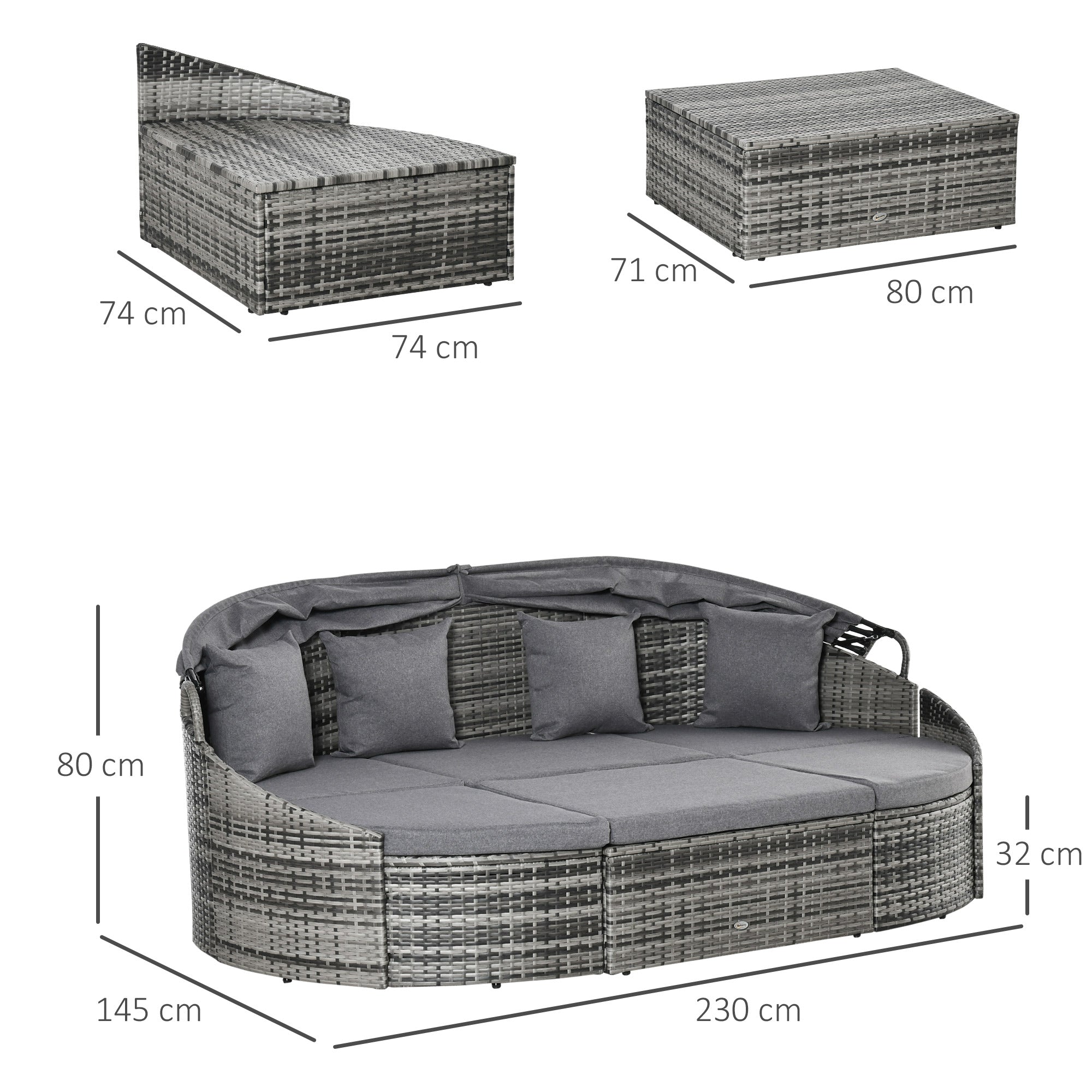 Rattan Daybed 4-Piece Sun Lounger with Sun Canopy Seating Group 4 Cushions Metal Grey 230 x 145 x 80 cm