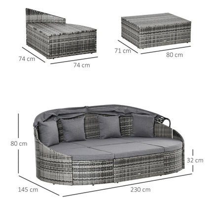 Rattan Daybed 4-Piece Sun Lounger with Sun Canopy Seating Group 4 Cushions Metal Grey 230 x 145 x 80 cm