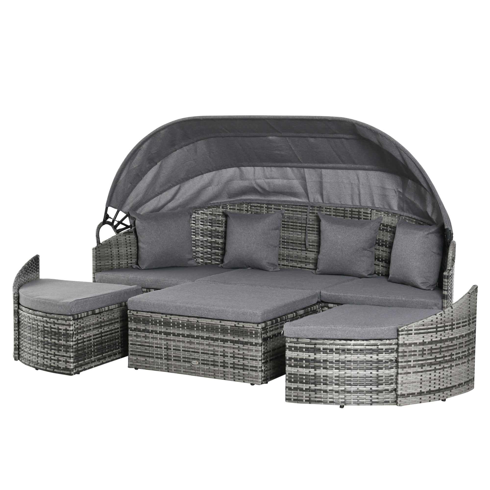 Rattan Daybed 4-Piece Sun Lounger with Sun Canopy Seating Group 4 Cushions Metal Grey 230 x 145 x 80 cm