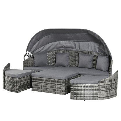 Rattan Daybed 4-Piece Sun Lounger with Sun Canopy Seating Group 4 Cushions Metal Grey 230 x 145 x 80 cm
